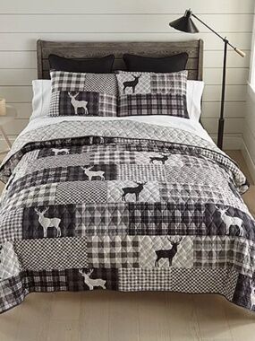 Country Cabin Patchwork Printed Queen Quilt Set Buck Deer Hunter Lodge Woods